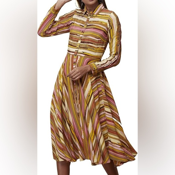 Label Ritu Kumar 100% viscose marine stripe multi spring snap down dress midi - Picture 1 of 9